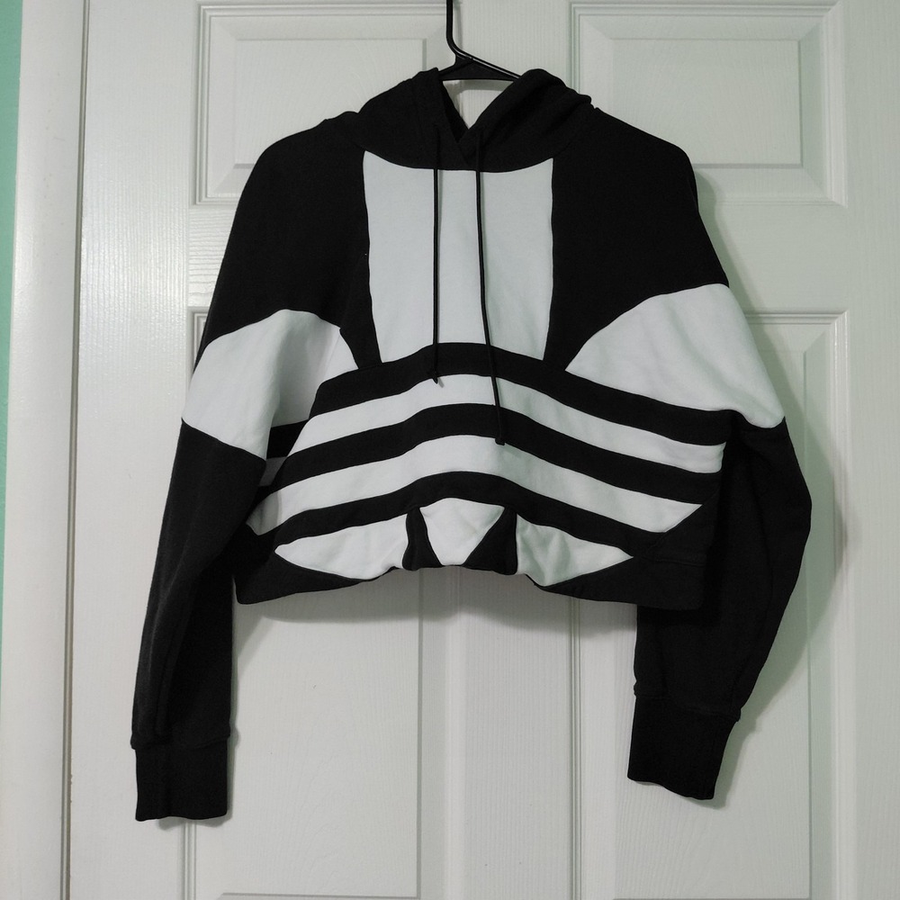Adidas Hoodie Women Crop Black White Big Trefoil Logo Pullover Sweatshirt XS
